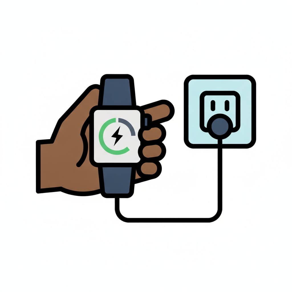 A hand plugs a smartwatch into a charger at the wall socket.