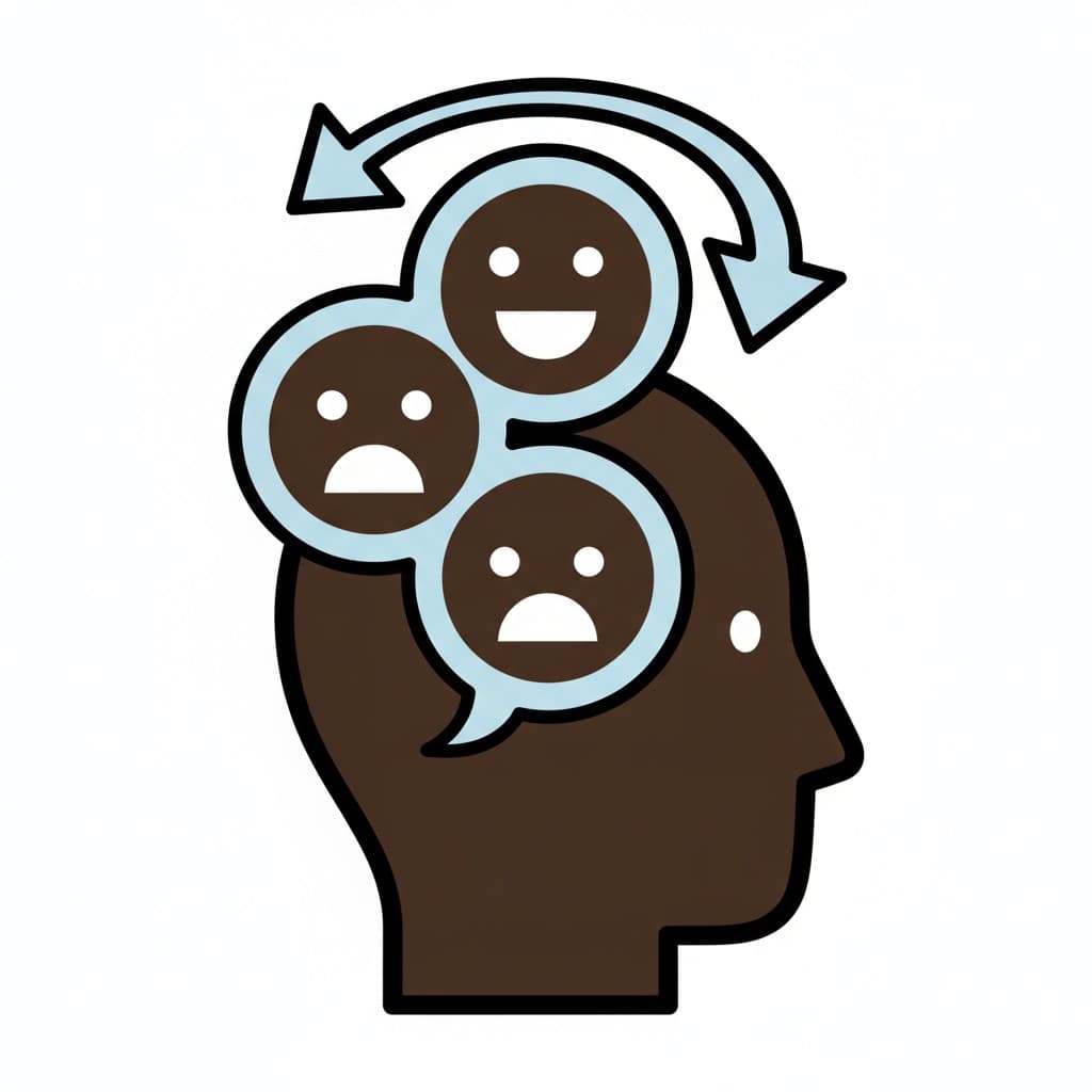 A head silhouette with three mood faces rotating around it.