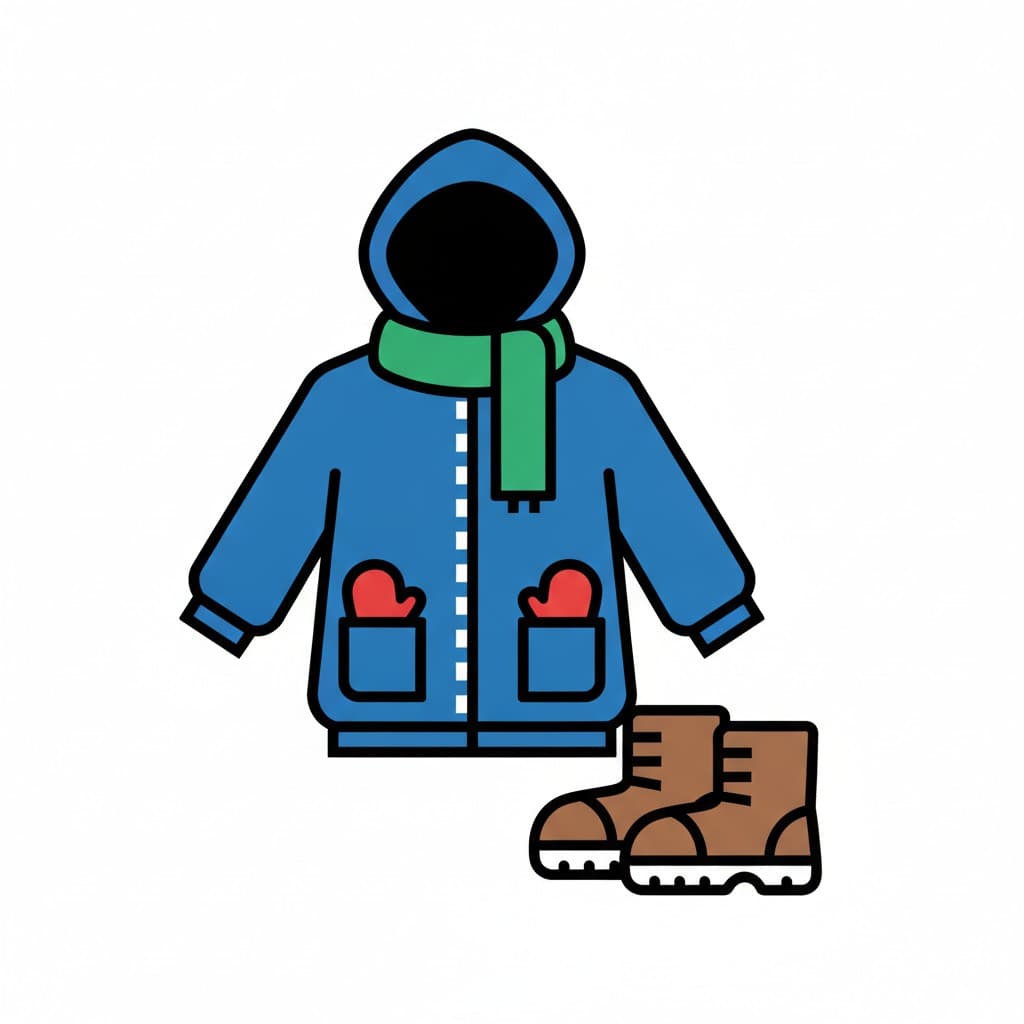 A blue hooded jacket has a green scarf around the collar and red mittens tucked into the pockets, with a pair of brown boots standing next to it.