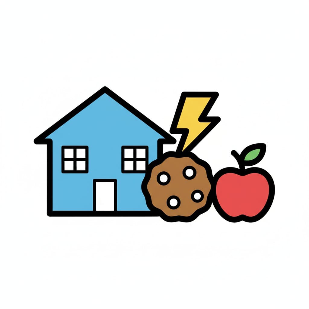 Et hus ved siden av et eple, en kjeks og et lynsymbol.
