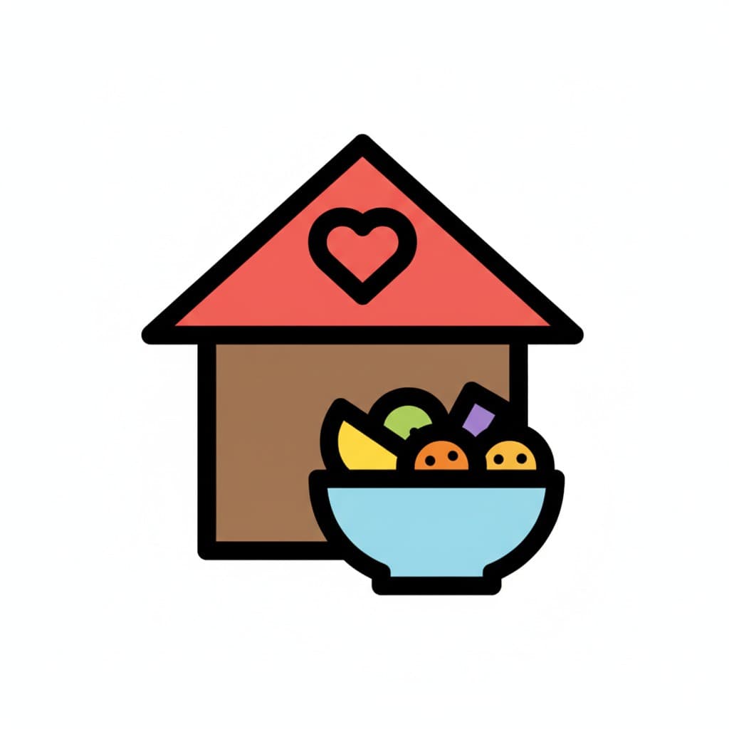 Et hus med et hjerte på taket ved siden av en skål med frukt.