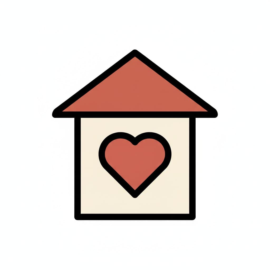 A simple house with a red roof and a large heart in the middle of the wall.