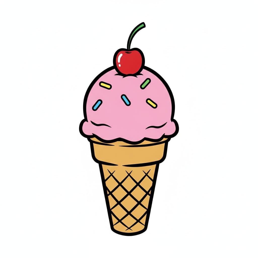 Eine Eiswaffel mit rosa Eiskugel, Streuseln und einer Kirsche obendrauf.