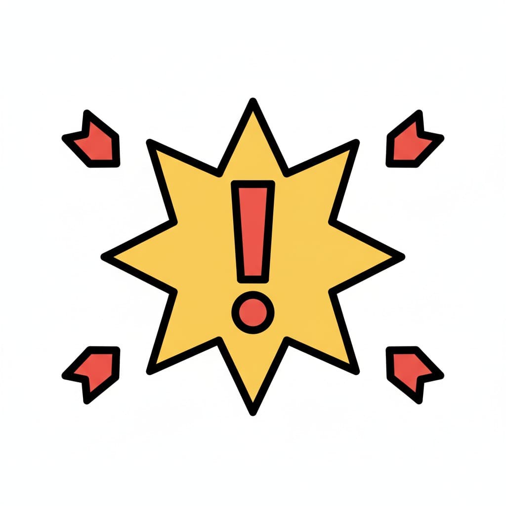 A yellow exclamation mark inside a yellow starburst symbol with red arrows around indicating attention.