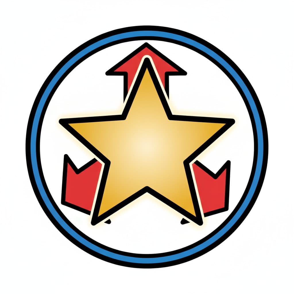 A yellow star inside a blue circle with red arrows pointing upwards and downwards.