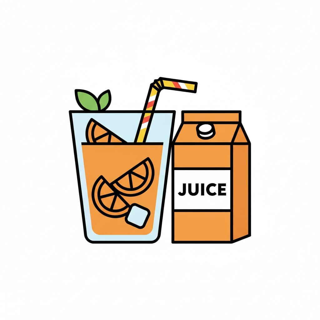 Ett glas juice bredvid en juicekartong.