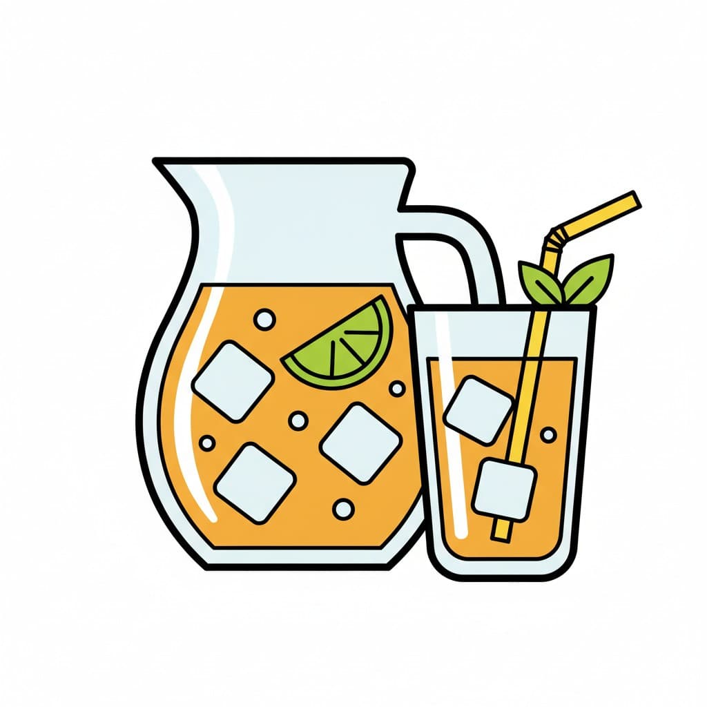 En kanna juice med isbitar och en limeklyfta bredvid ett glas.