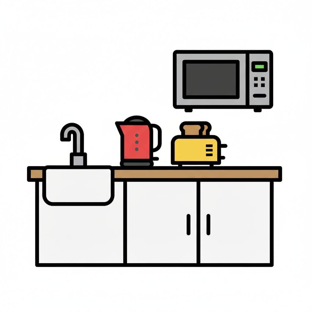 A cartoon image of a kitchen counter with a sink, kettle, toaster, and microwave.