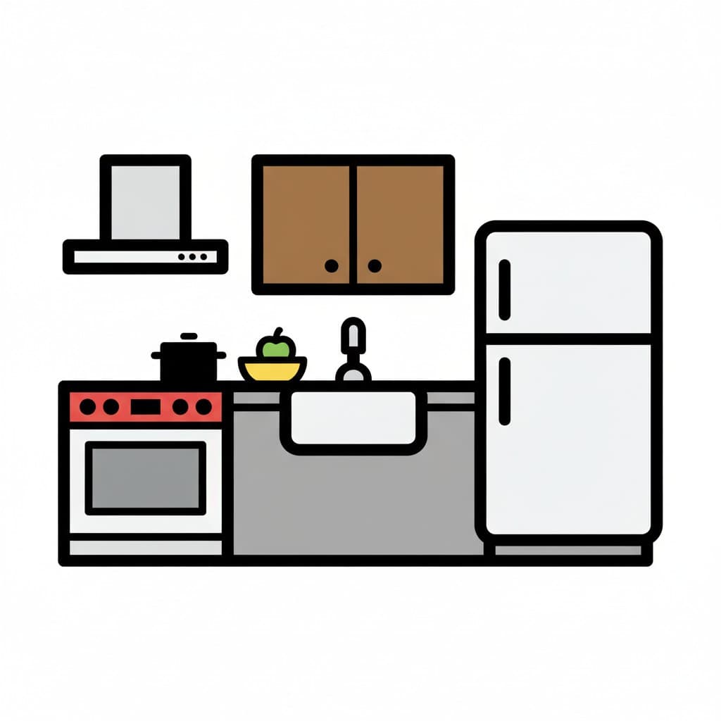 A cartoon image of a kitchen with a stove, sink, and refrigerator.