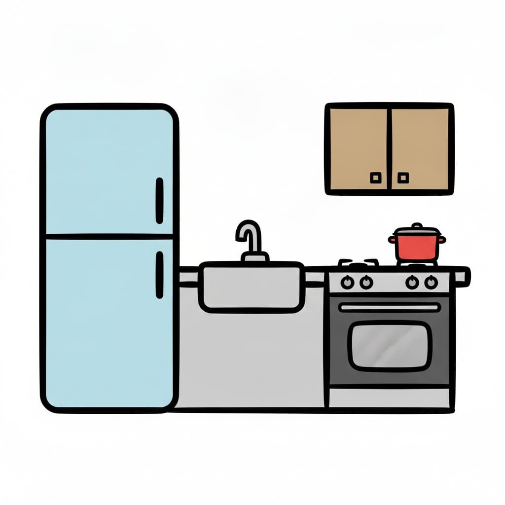 A kitchen drawn with a light blue refrigerator, a counter with a sink, a stove holding a red pot and a brown wall cabinet.