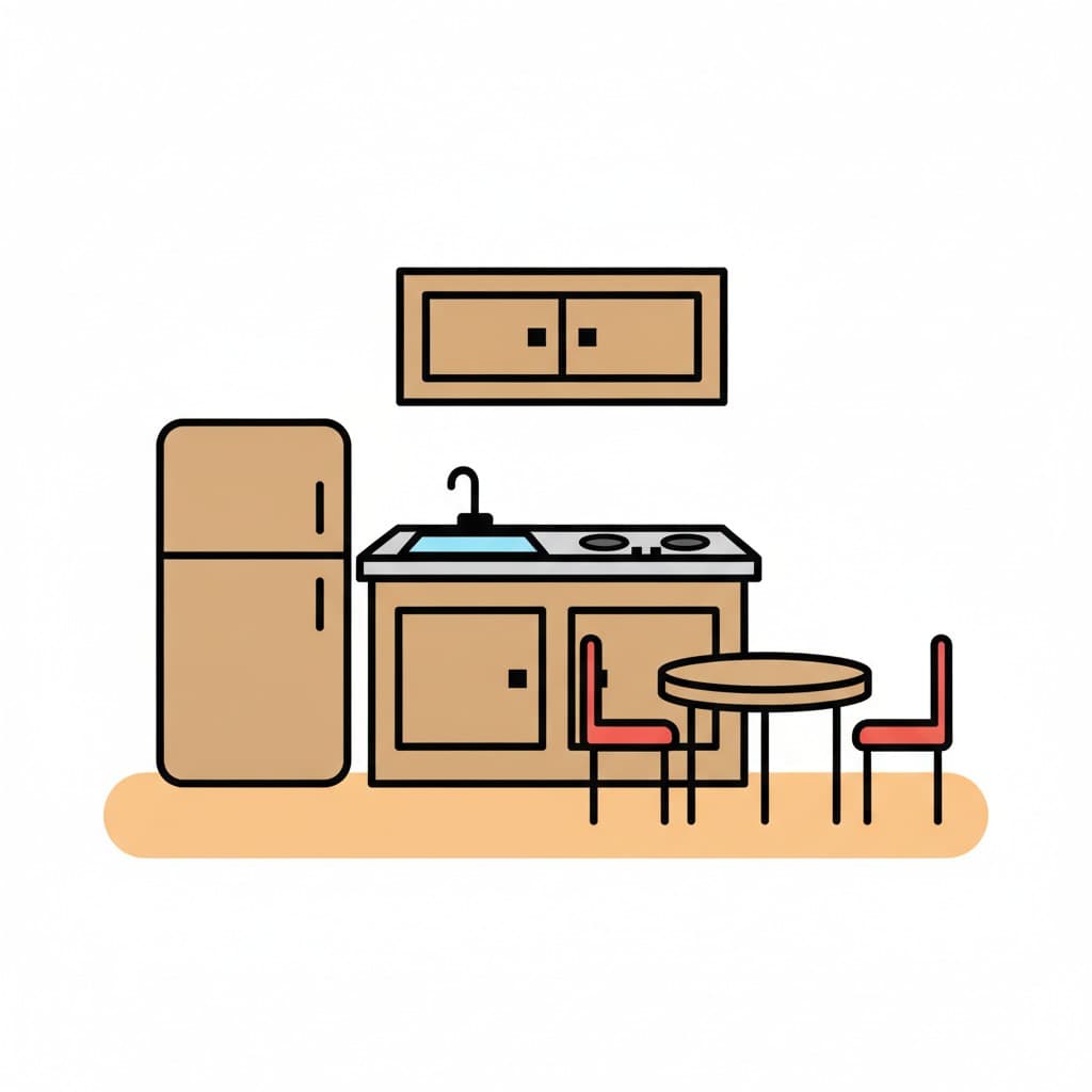 Drawn in warm wood tones, this kitchen has a fridge, a counter with a sink and hob, a wall cabinet and a round table with two red chairs.
