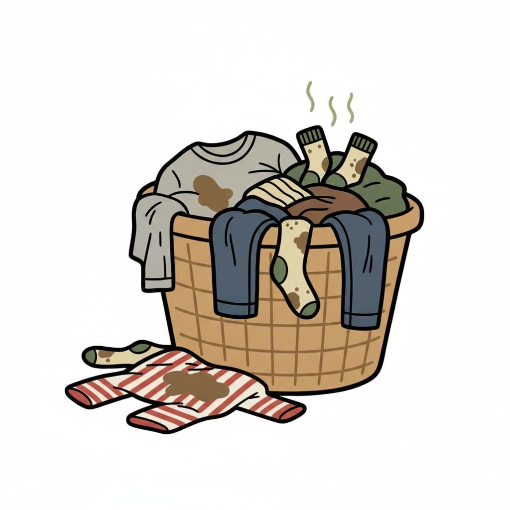 A woven basket overflows with dirty clothes, with stained socks and a striped shirt lying on the floor beside it.