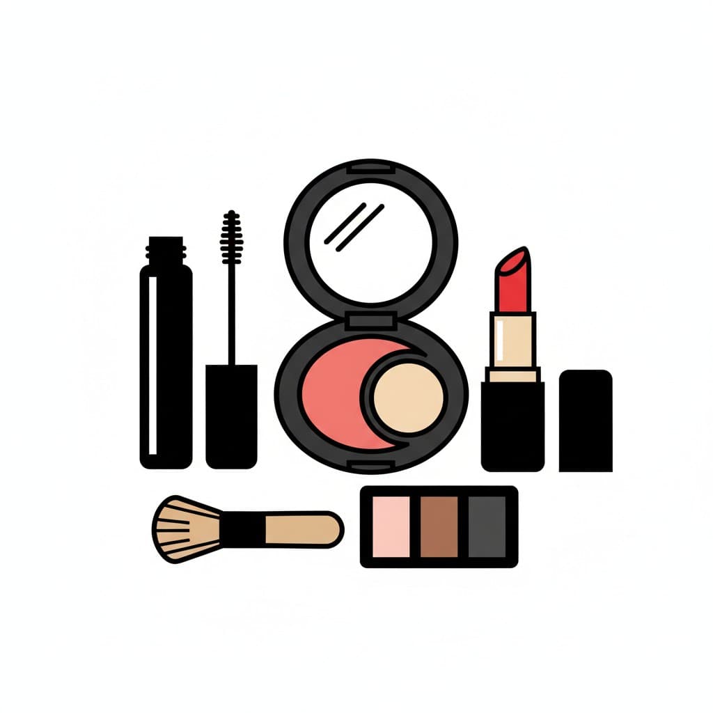 An illustration of various makeup products including powder, brush, mascara, lipstick, and eyeshadow.