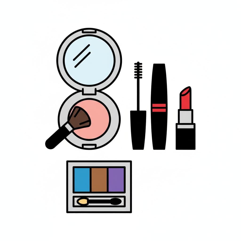 An illustration of a makeup set with powder, brush, mascara, lipstick, and eyeshadow.