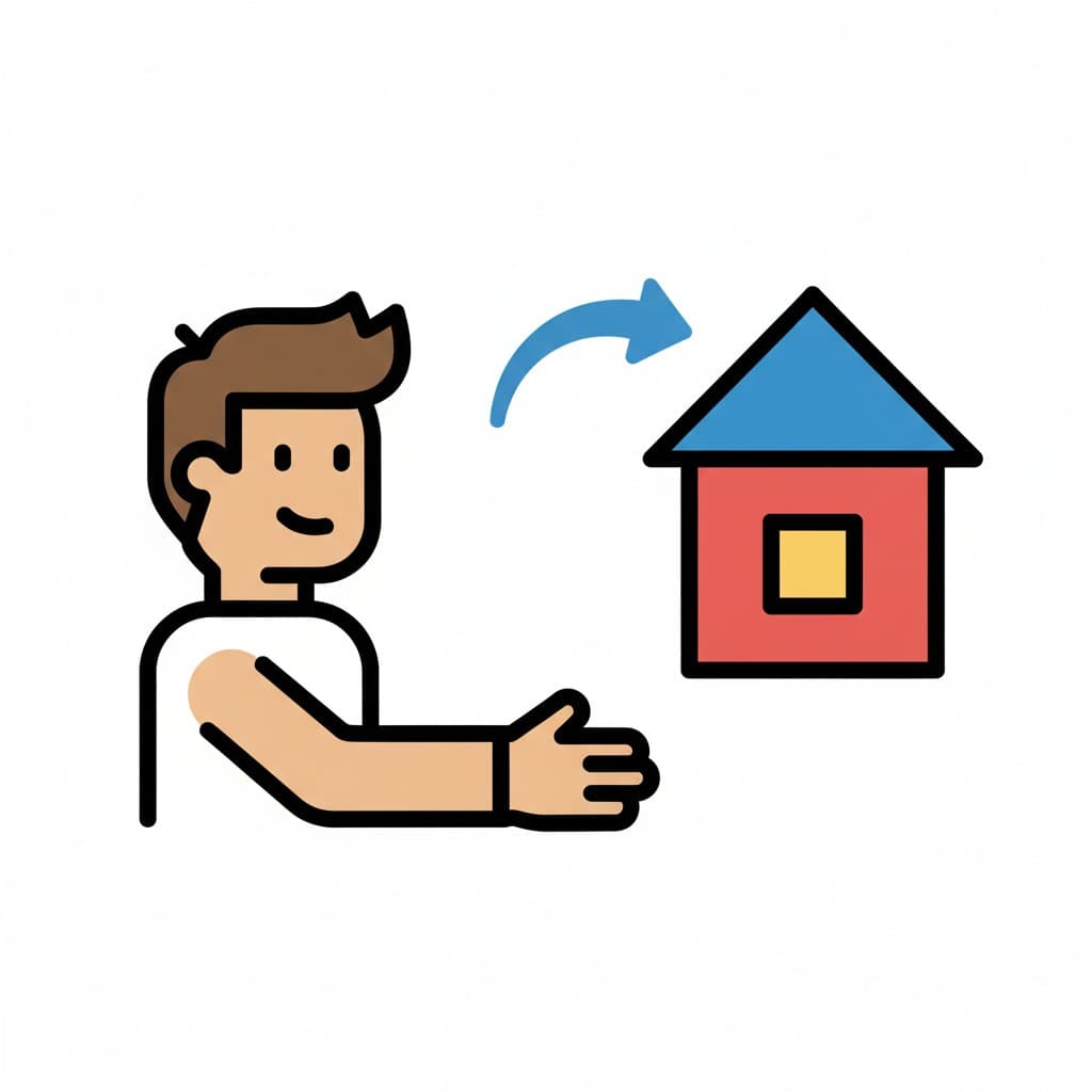 En person pekar mot ett hus med en böjd pil som visar att komma hem.