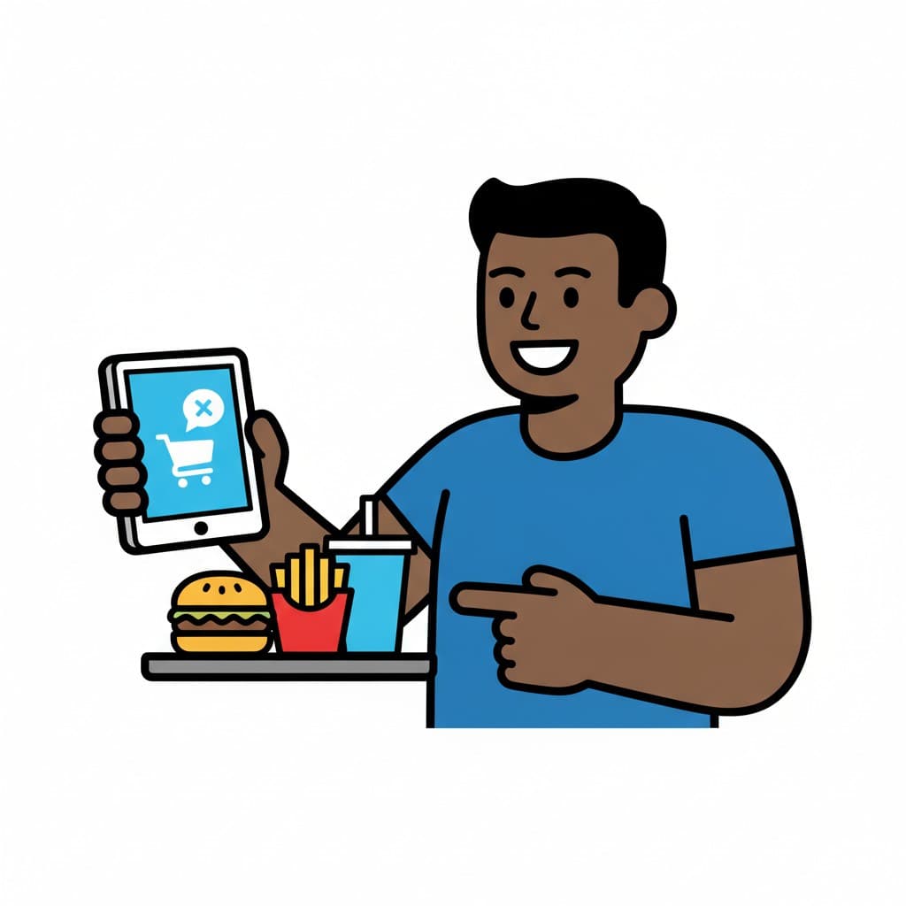 A man holds up a tablet showing a shopping cart and points at a tray with a burger, fries and a drink.