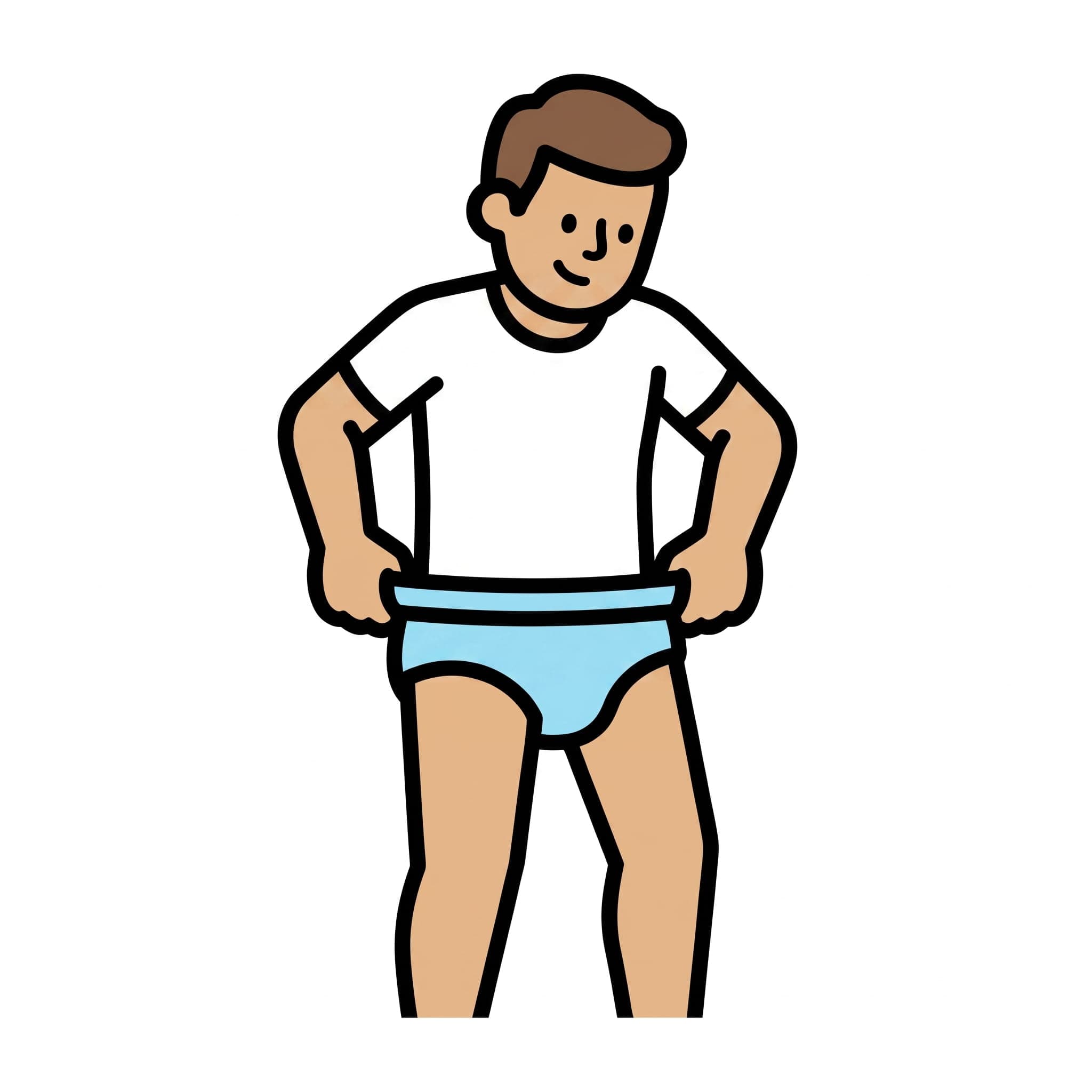 A man pulls a pair of light blue briefs up with both hands.