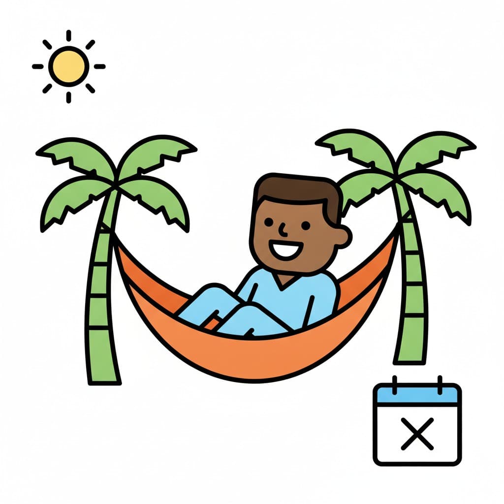 A man lies back in an orange hammock slung between two palm trees, with the sun above and a calendar marked with a cross.