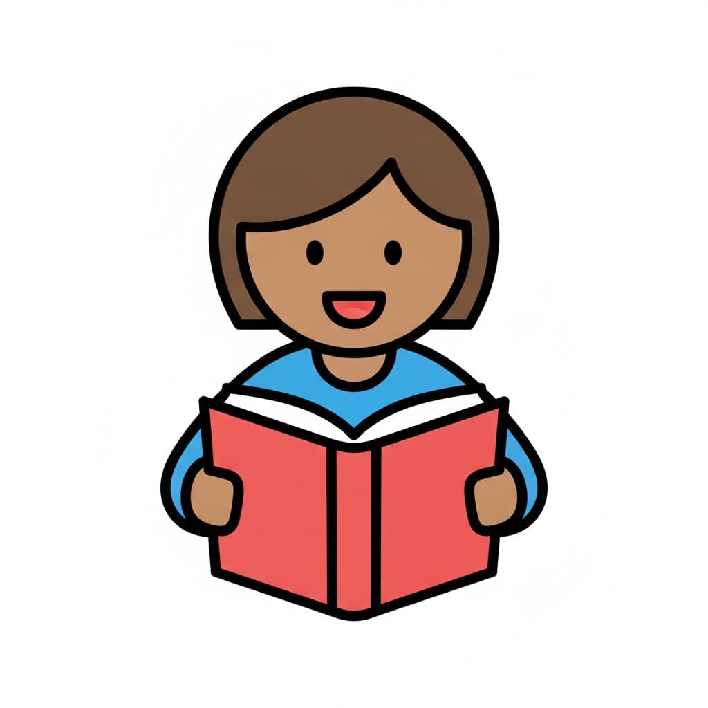 A mother smiles while holding an open red book.