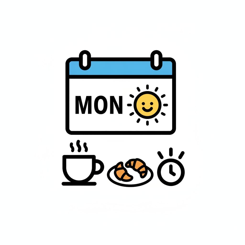 En kalender visar måndag med en sol, och under den står en kaffekopp, croissanter och en väckarklocka.