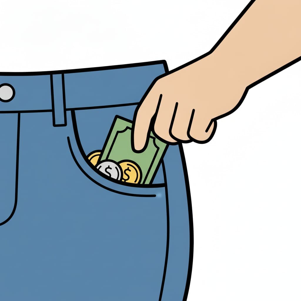 En hånd putter en seddel ned blandt mønter i forlommen på et par jeans.