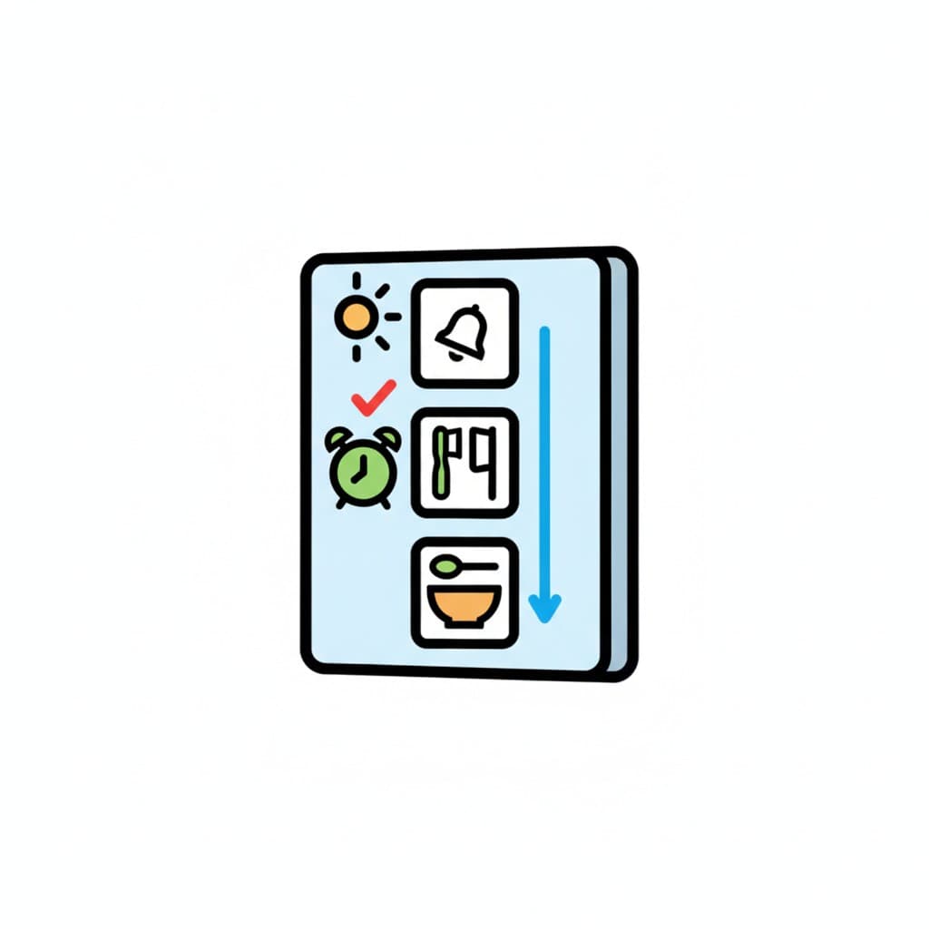 A schedule board with a sun, alarm clock, clock and bowl, plus a downward arrow.