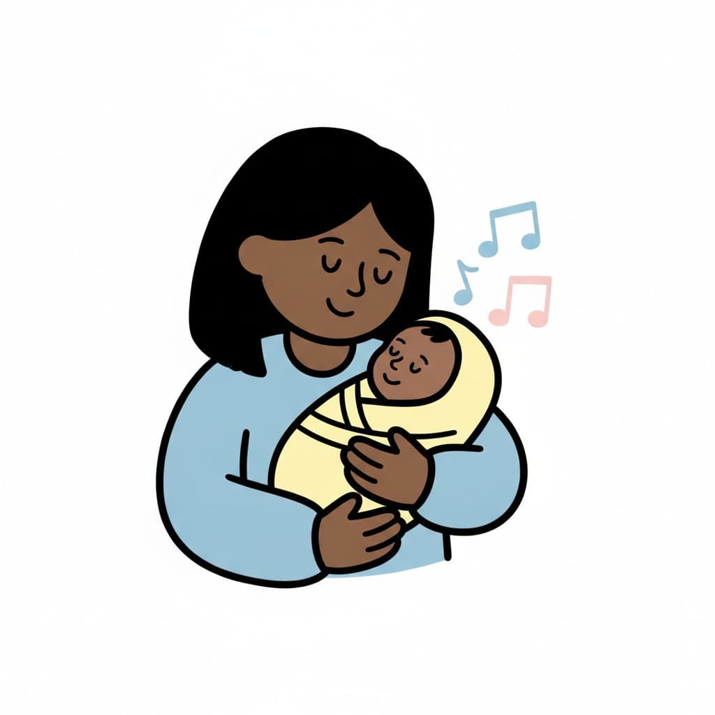 En mor holder en svøbt baby tæt ind til sig og synger med lukkede øjne, med noder ved siden af.
