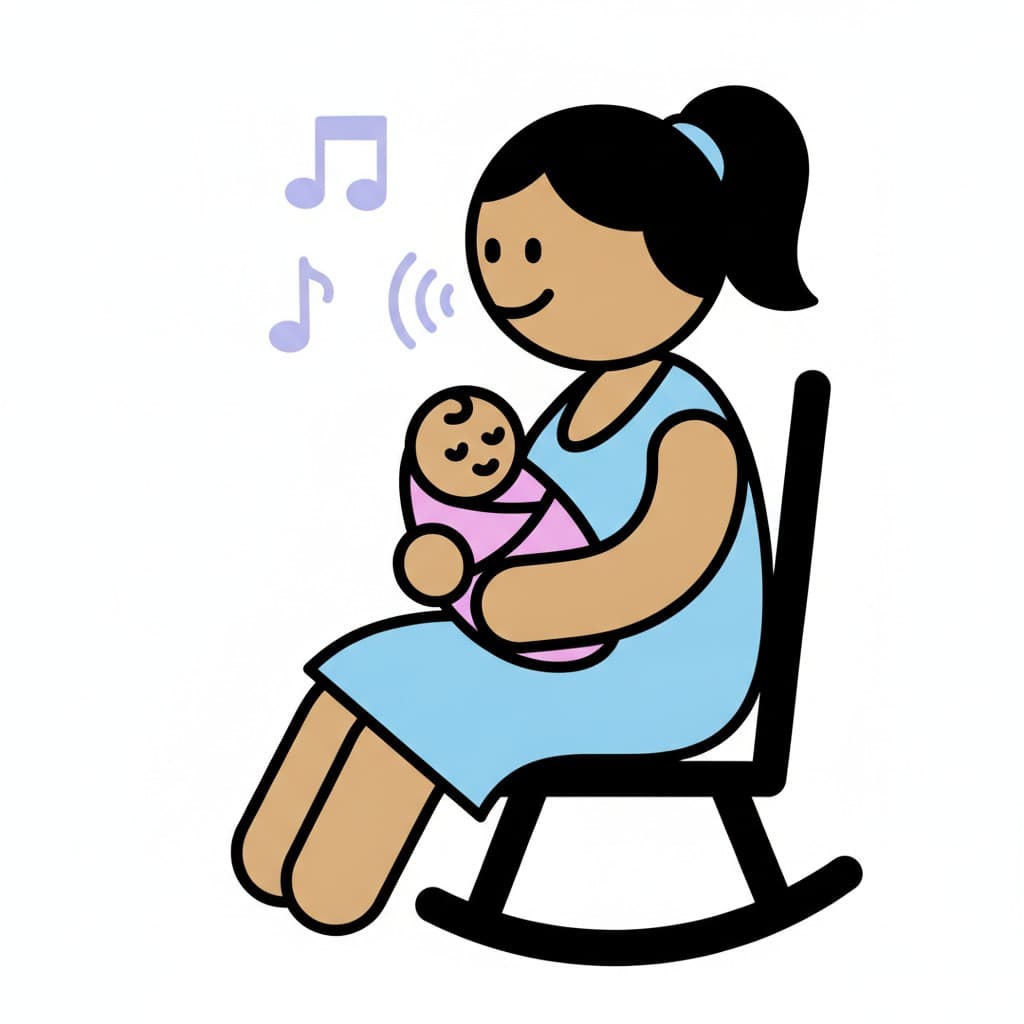 En mor sidder i en gyngestol med en baby i armene og synger, med noder i luften.