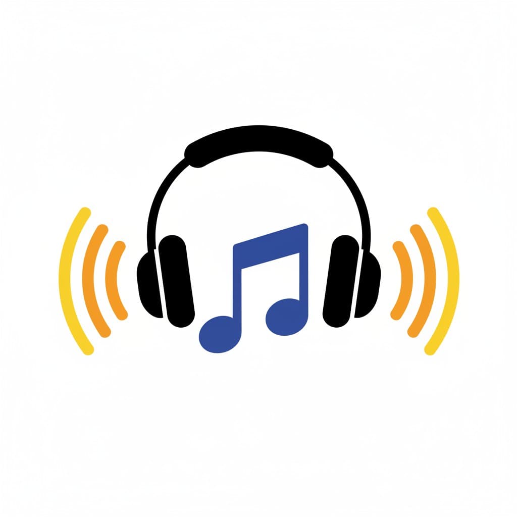 An icon showing black headphones with a blue musical note, surrounded by yellow sound waves, representing listening to music.