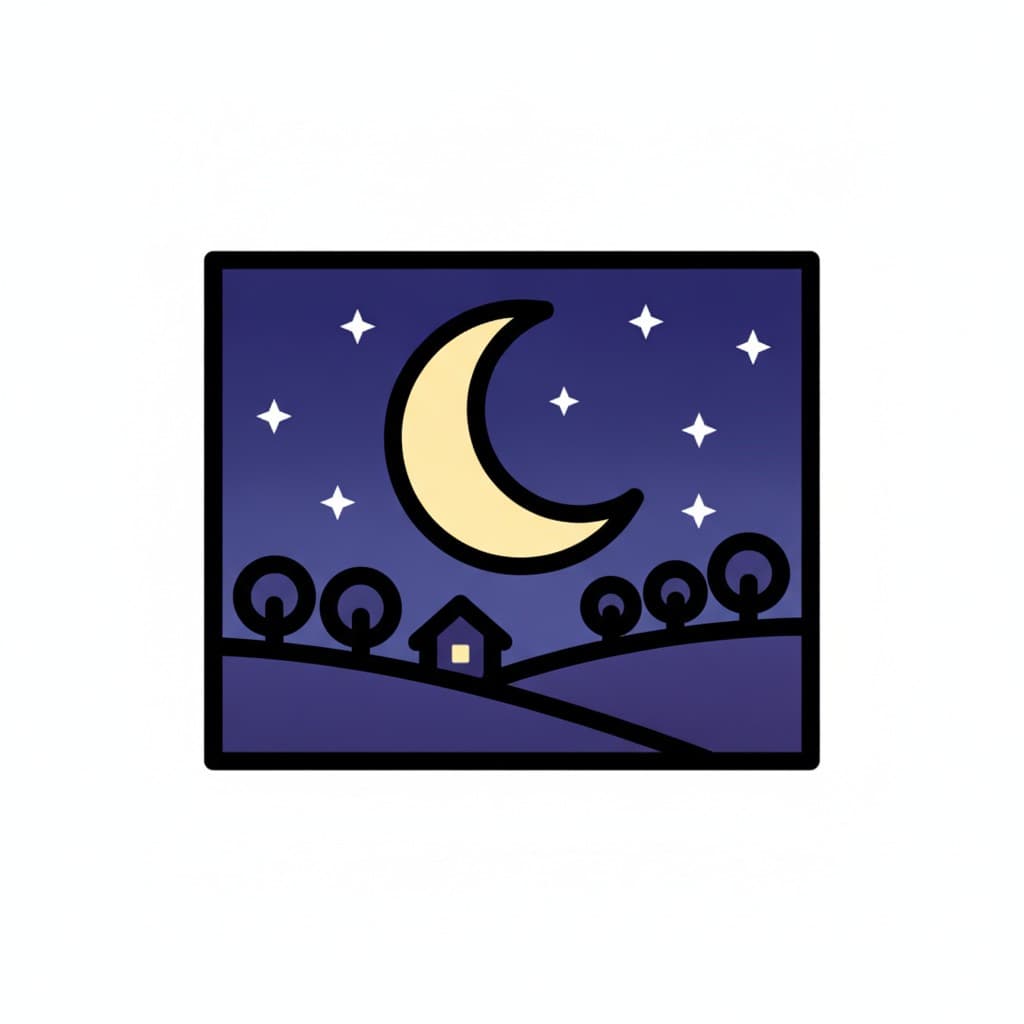 A picture of a dark blue night sky with a moon and stars above a house and some trees.