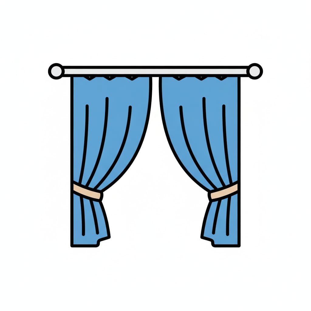 Blue curtains are open and tied back with tiebacks on a rod.