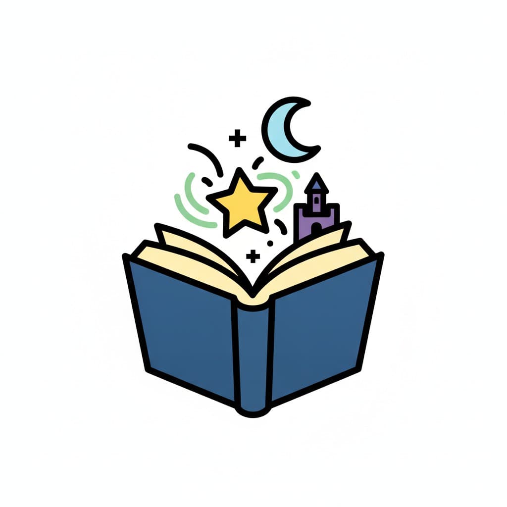 An open book with a glowing star, a moon and a small castle.