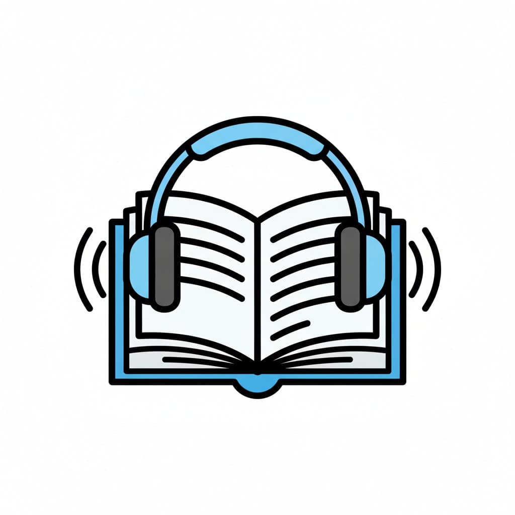 An open book full of text lines wears a pair of blue headphones, with sound arcs on either side.