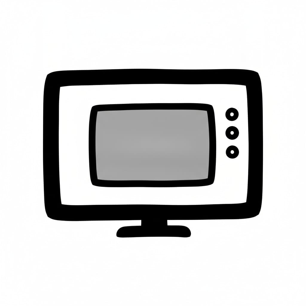 Paksuin mustin viivoin piirretyssä televisiossa on harmaa ruutu, kolme pyöreää nappia ja jalusta.