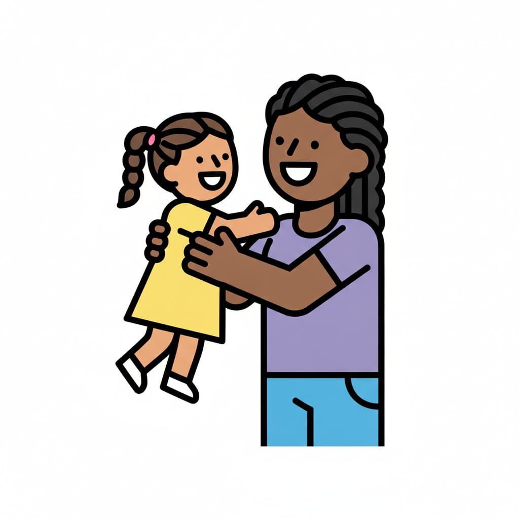 An adult happily lifts a child up in their arms.