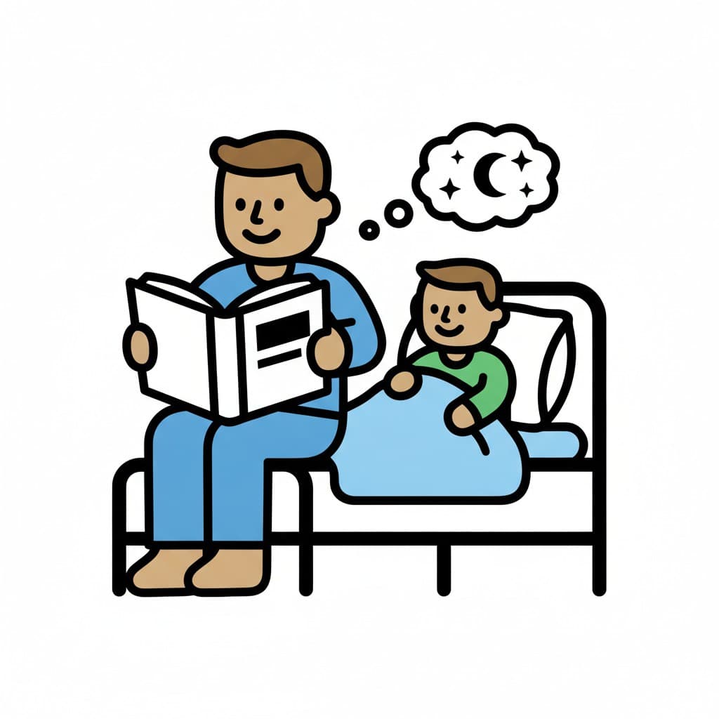 An adult reads a bedtime story to a child in bed.