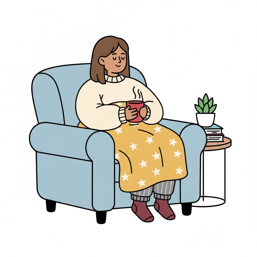 A person relaxes in an armchair with a blanket and a warm drink.