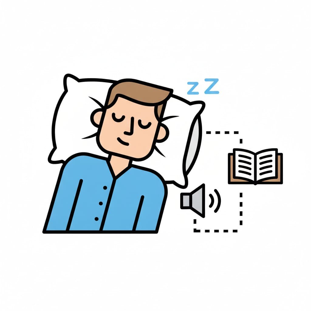 A person lies on a pillow with closed eyes and listens to an audiobook.