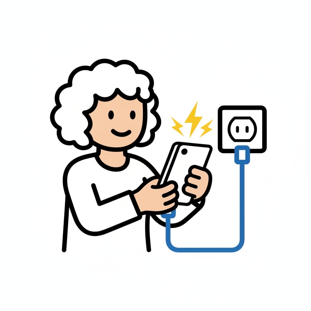 A person holds a phone connected by a cable to a wall socket.