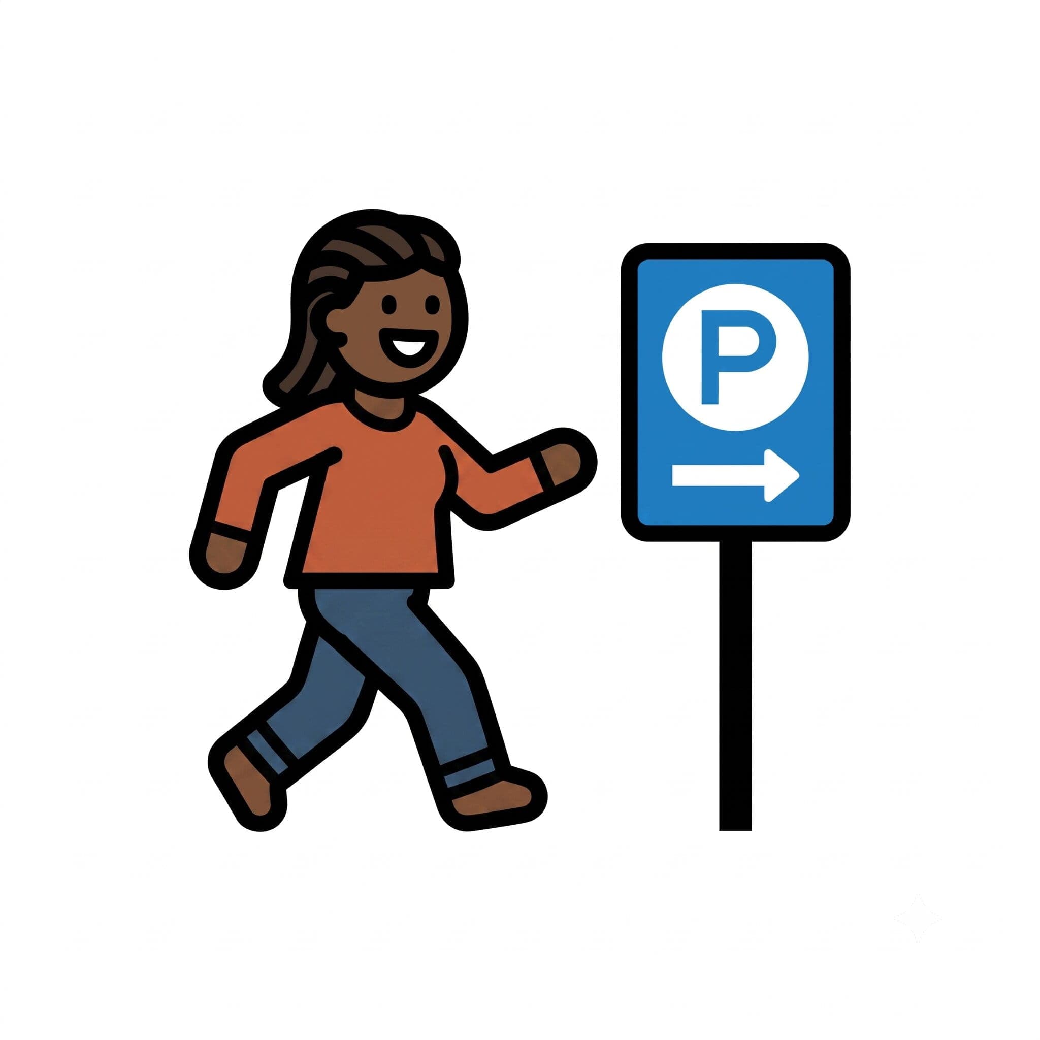 A person walks toward a blue parking sign.