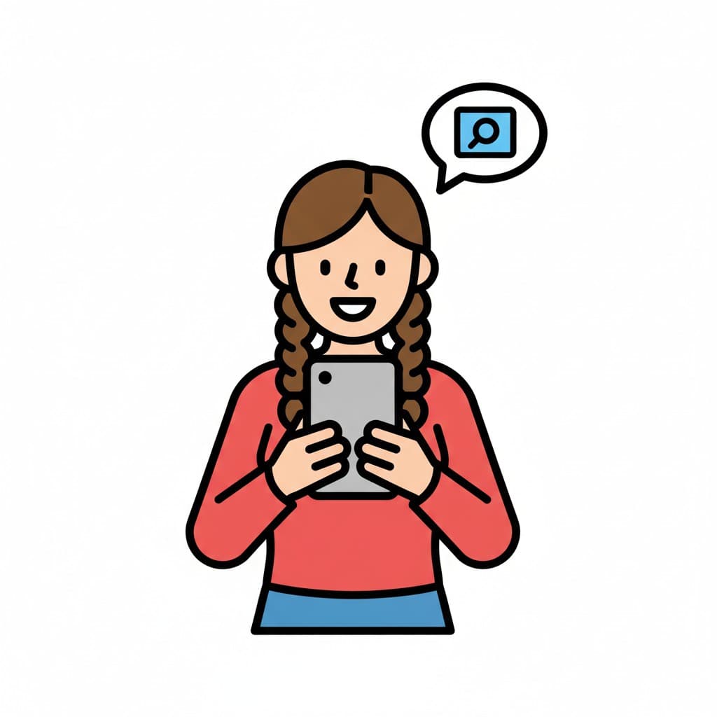 Et barn holder en mobiltelefon, og en taleboble med et søgeikon vises ovenover.
