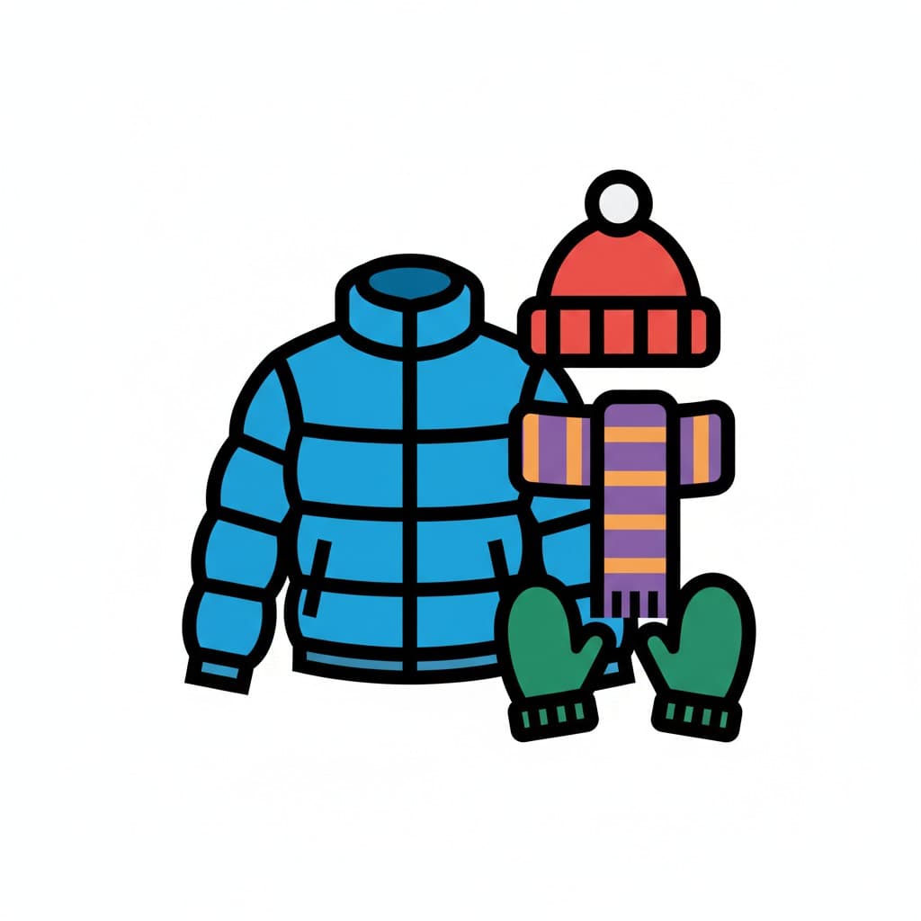 A blue puffer jacket lies beside a red beanie with a white pompom, a purple and orange striped scarf, and a pair of green mittens.