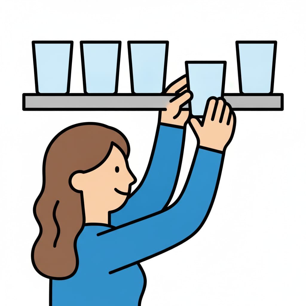 A person places a glass on a shelf next to other glasses.