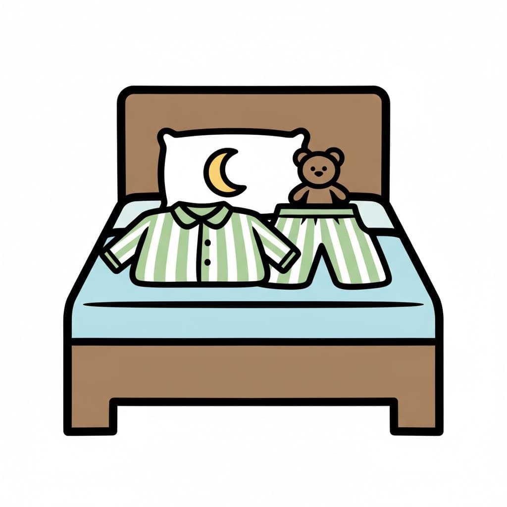 Striped pyjamas lie ready on the bed next to a teddy bear and a pillow with a moon on it.