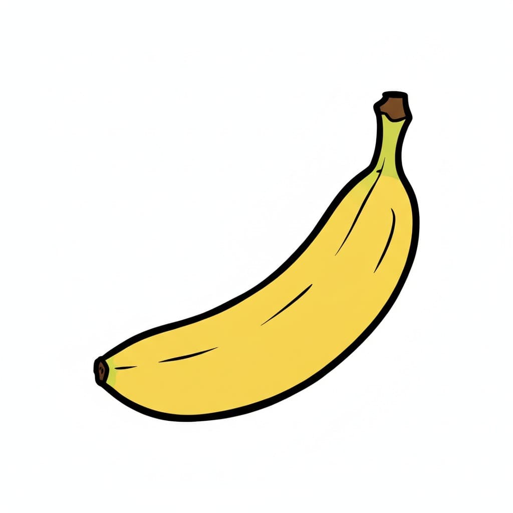 A single yellow banana tilted diagonally upwards, its stem in the upper corner.