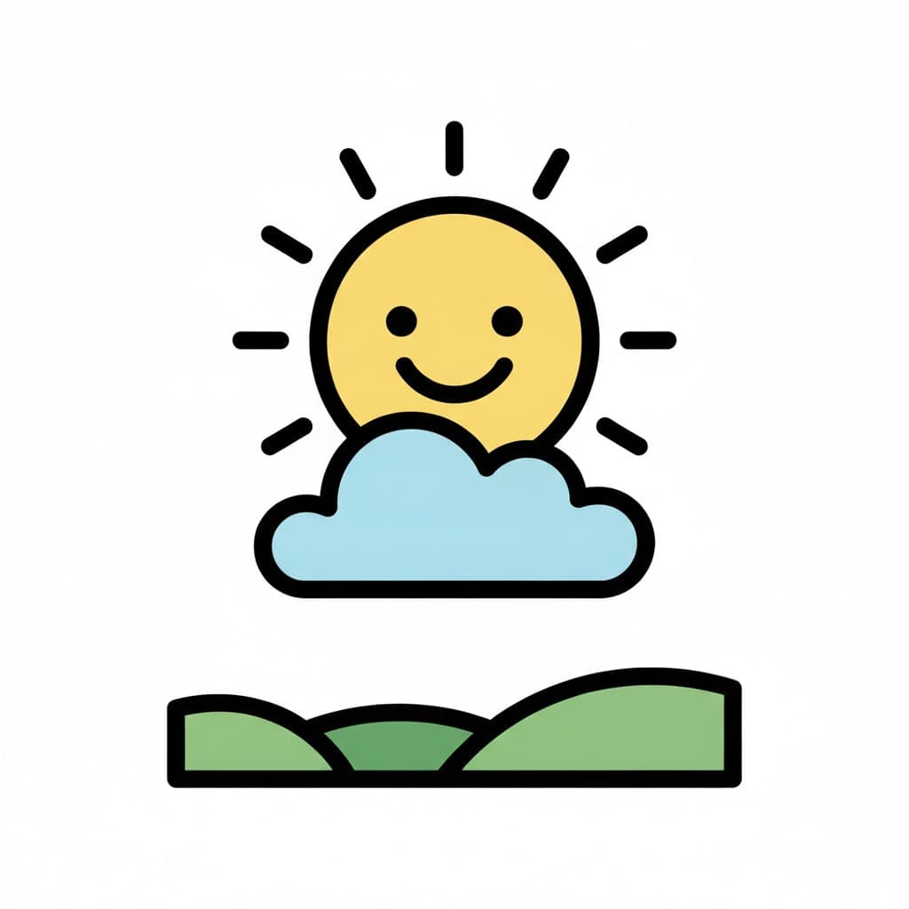 A smiling sun with rays peeking behind a blue cloud above green hills.