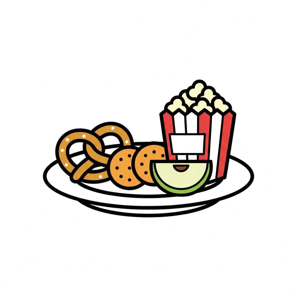 A plate with a pretzel, cookies, popcorn, and an apple slice.