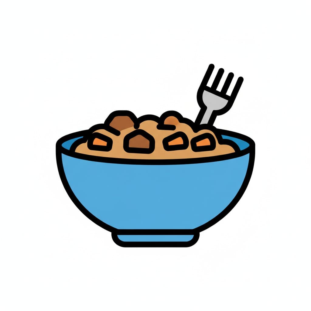 A blue bowl filled with food and a fork in it.