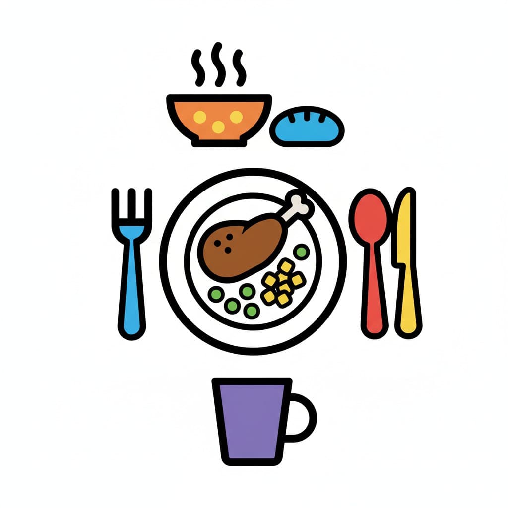 A complete supper setting with a plate of chicken and vegetables, a bowl of soup, bread, cutlery, and a cup.