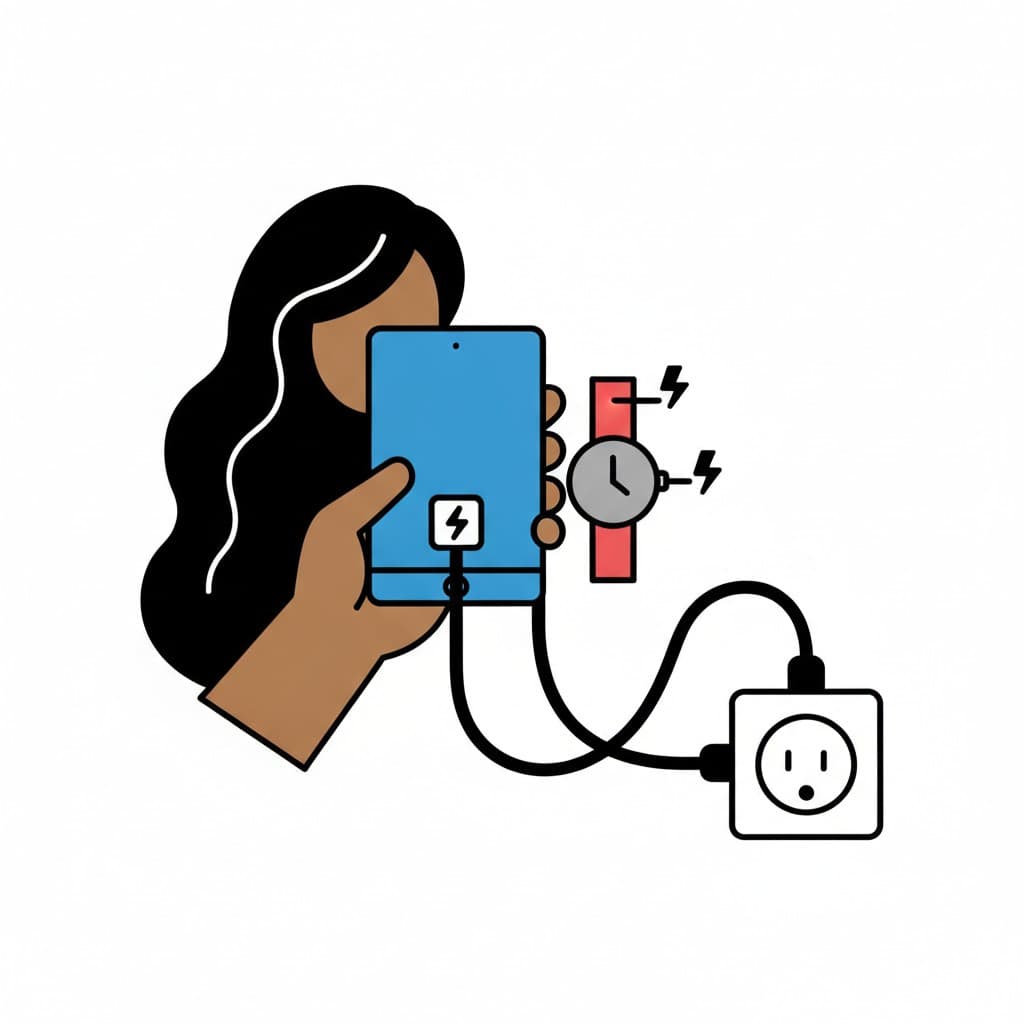A hand holds a tablet that is charging, and next to it a watch charges from the same socket.